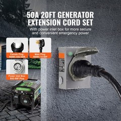 50 Amp Generator Cord and Power Inlet Box Kit, 20FT, NEMA 14 – 50P/ SS2 – 50R