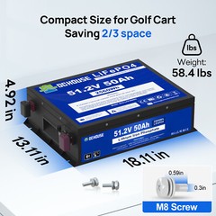 48V 50Ah LiFePO4 Lithium Battery Golf Cart with 18A Charger Smart Monitor RV