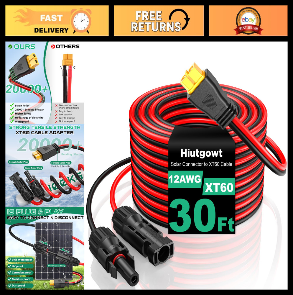 30FT 12AWG XT60 Solar Cable Adapter for RV, Solar Generator, Power Connection