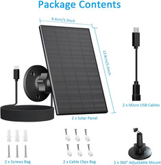 2W Solar Panel for Security Camera Outdoor, USB/USB-C Charger with IP65 Waterpro