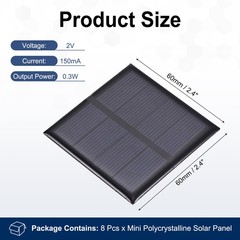 8Pcs 2V 0.3W 150mA Mini Polycrystalline Solar Panel 2.4×2.4″/60x60mm