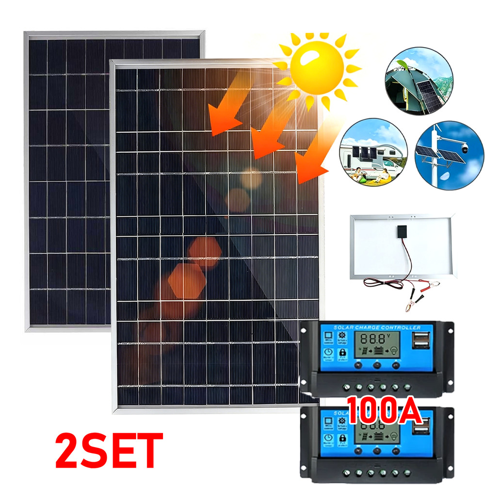 2PC 10W Solar Panel 12V Solar Battery Trickle Charger 100A Controller Maintainer