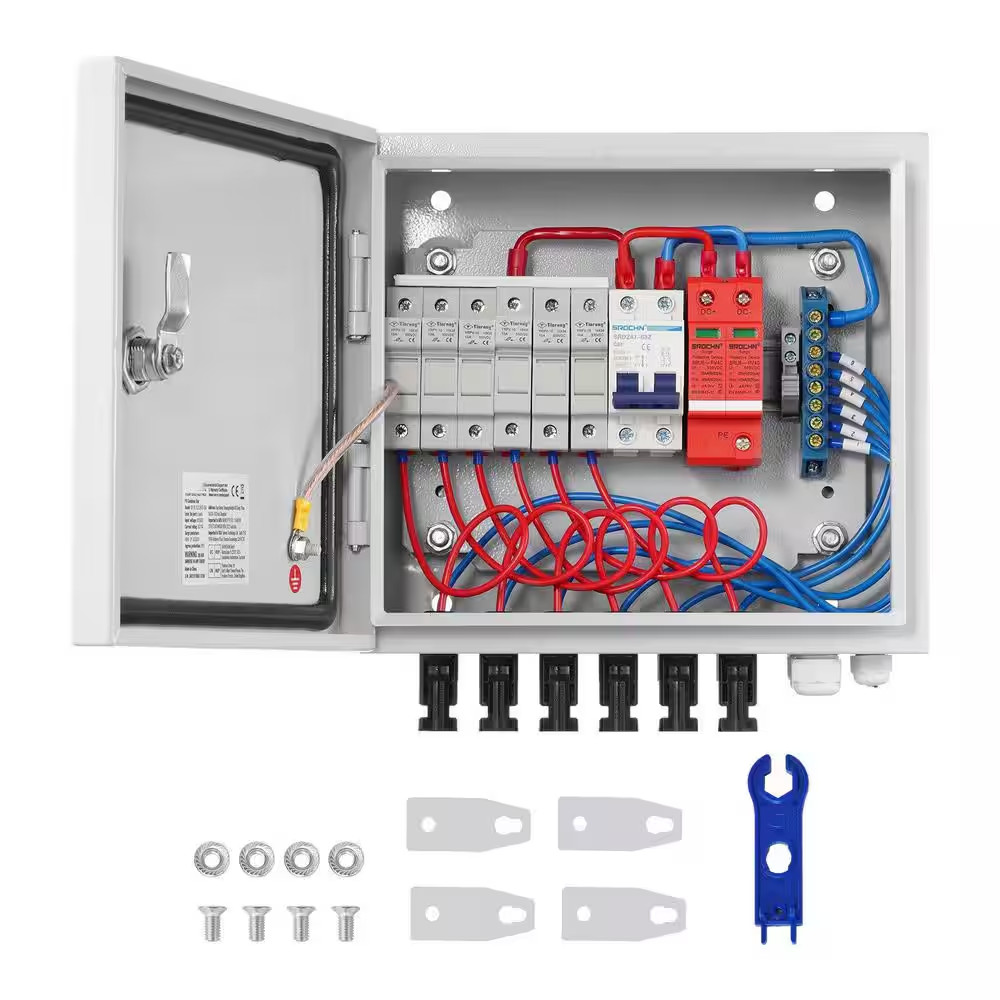 6 String PV Combiner Box DC 500-Volt with 15A Fuses 125A Breaker 40Ka Surge Prot