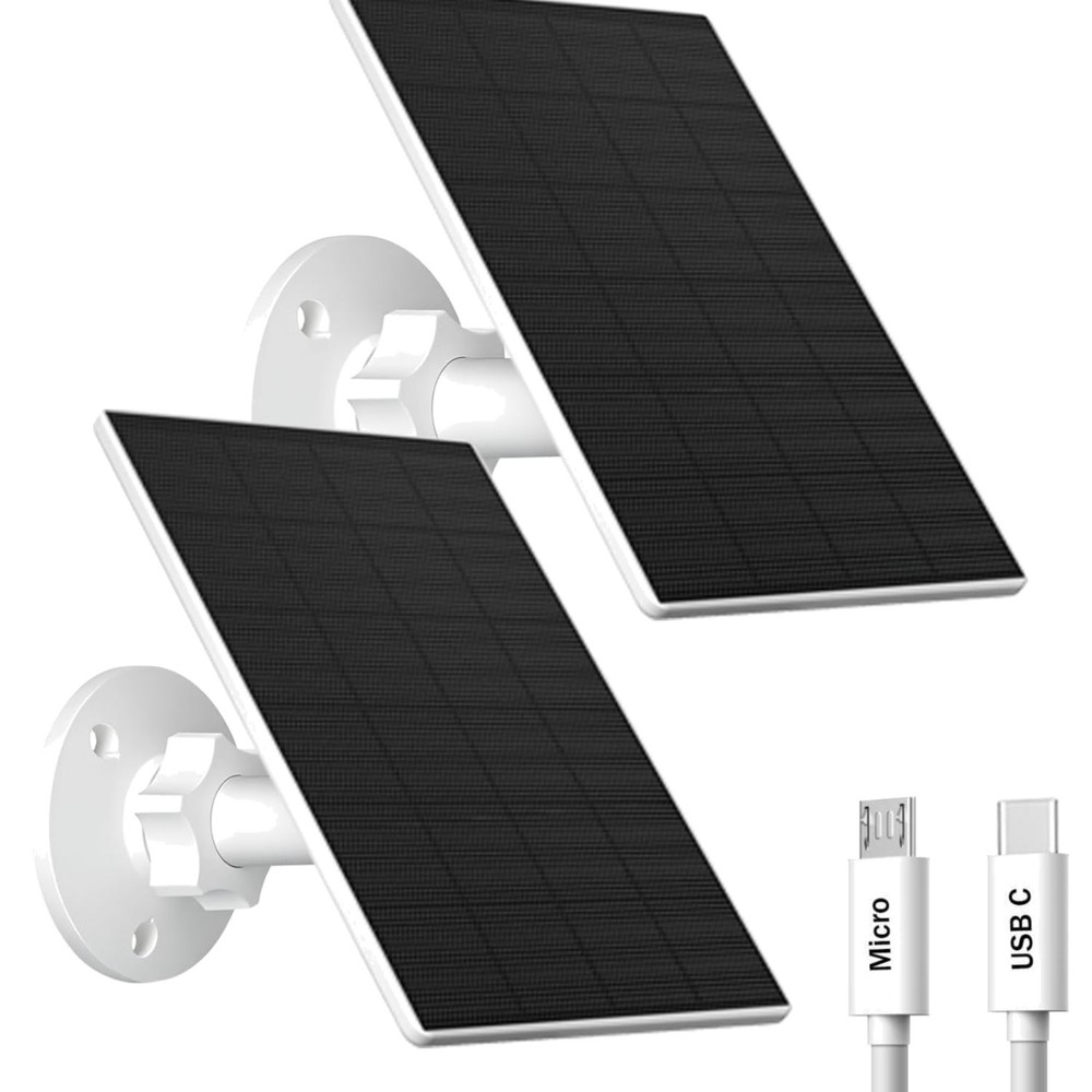 Solar Panel for Security Camera, 2 Pack 2W Solar Charger with Micro USB & USB-C