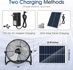 18” Solar Powered Fan with 30W Solar Panel, Portable Solar Operated Outdoor Flo