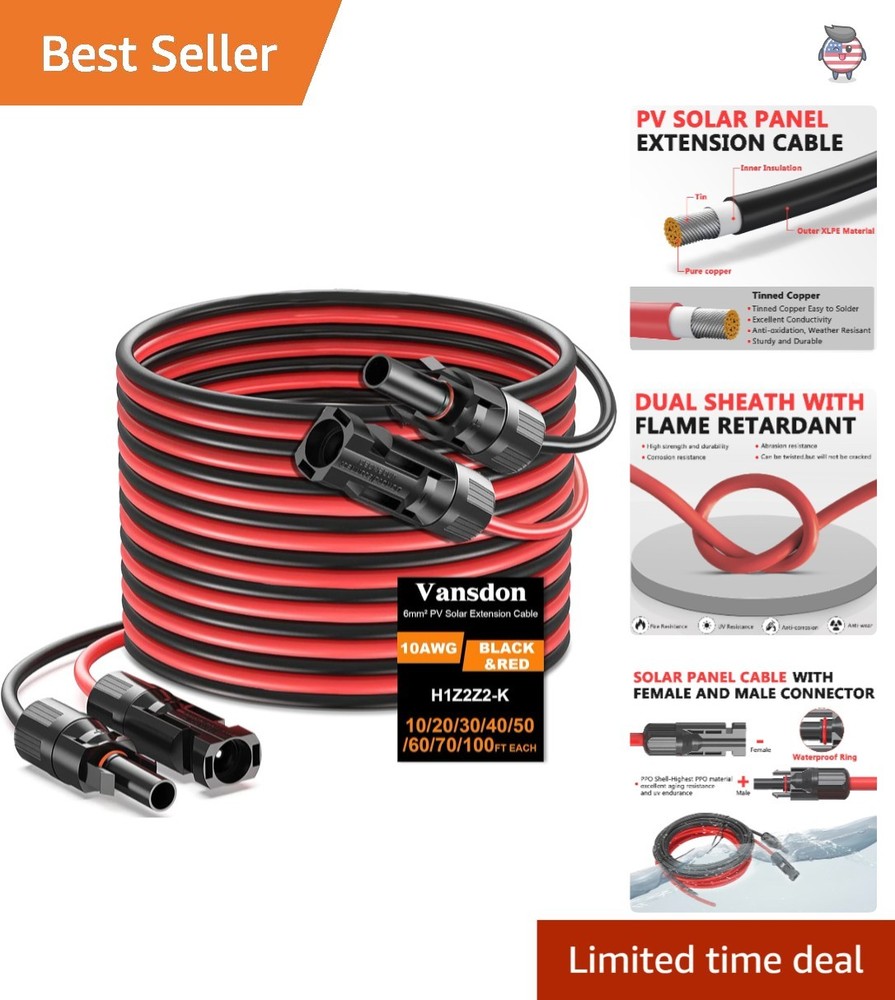 2×30 Feet 10AWG Solar Panel Extension Cable with Waterproof Connectors