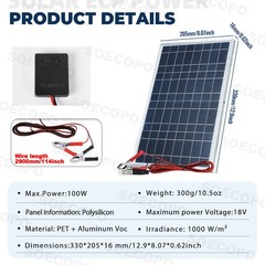 100W Portable Solar Panel with Battery Clips with 30A/60A/100A Controller to Dir