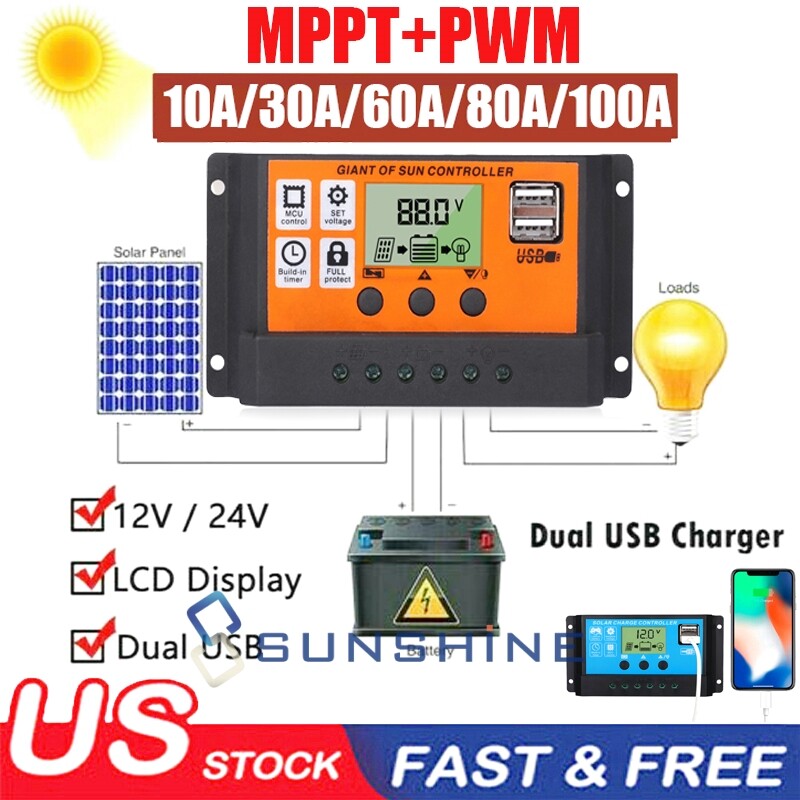 12/24V 10-100A MPPT PWM Solar Panel Regulator Battery Charge Controller Inverter