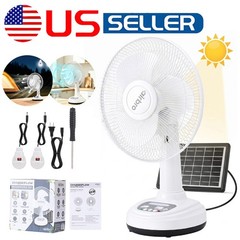 12” Portable Solar Power Table Fan w/2 LED Bulb 2 Speed Adjustable Rechargeable
