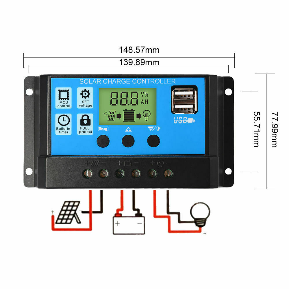 LCD Solar Panel Battery Regulator Charge Controller Dual USB 12V/24V 30A CS