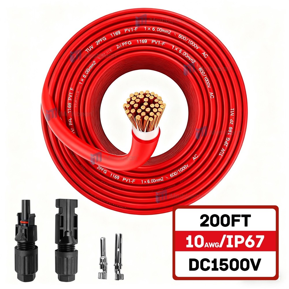 200 FT Solar Wire 10 AWG Solar Panel Extension Cable w/ Flexible Wire Connectors