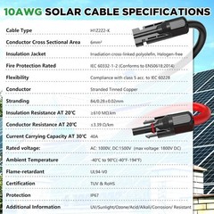 Solar Extension Cable 50Ft, Solar Wire 10AWG, 10 Gauge Tinned Copper PV Wire