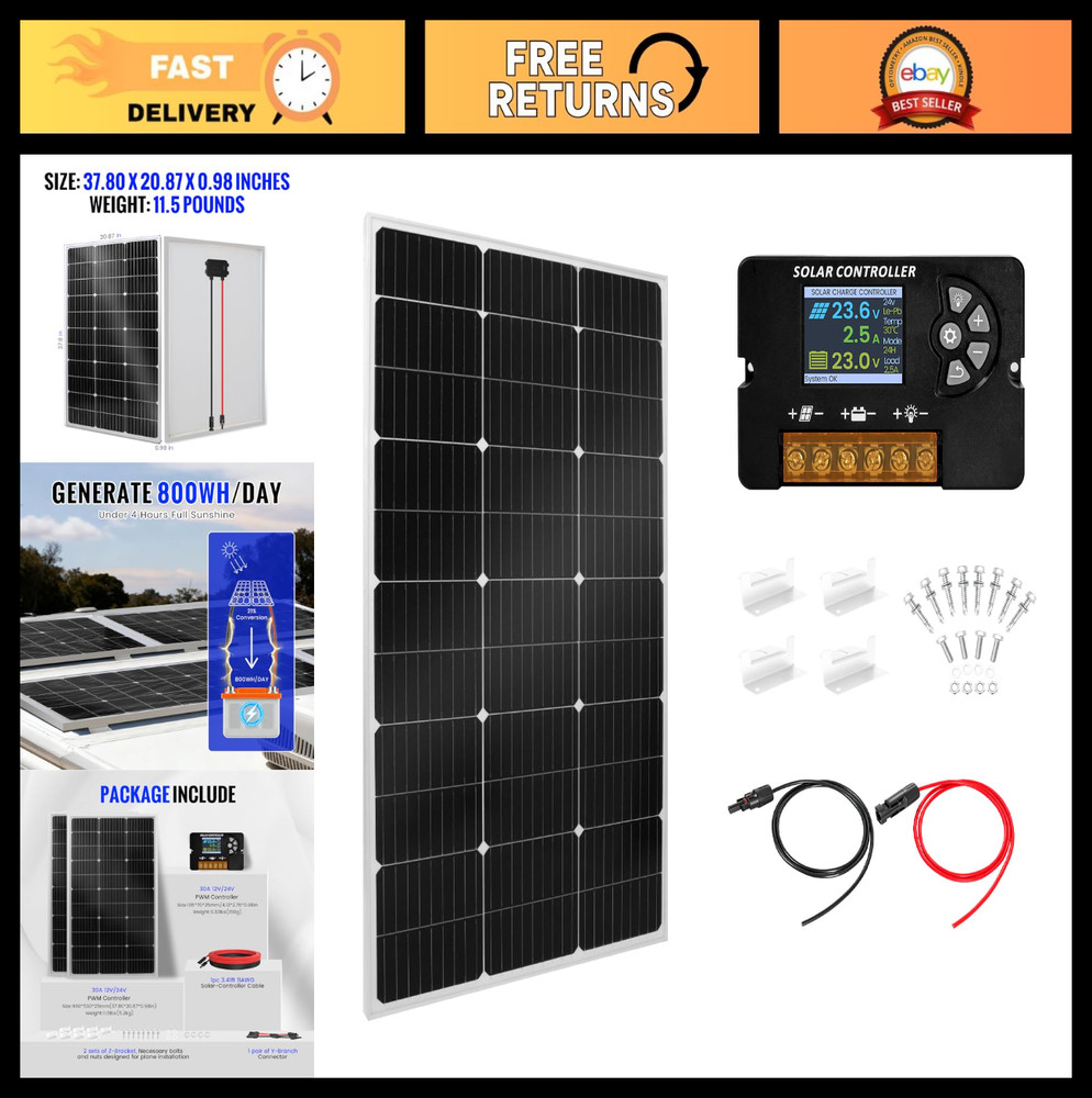 100W Monocrystalline Solar Panel Kit with 30A PWM Controller – 12V/24V Off-Grid