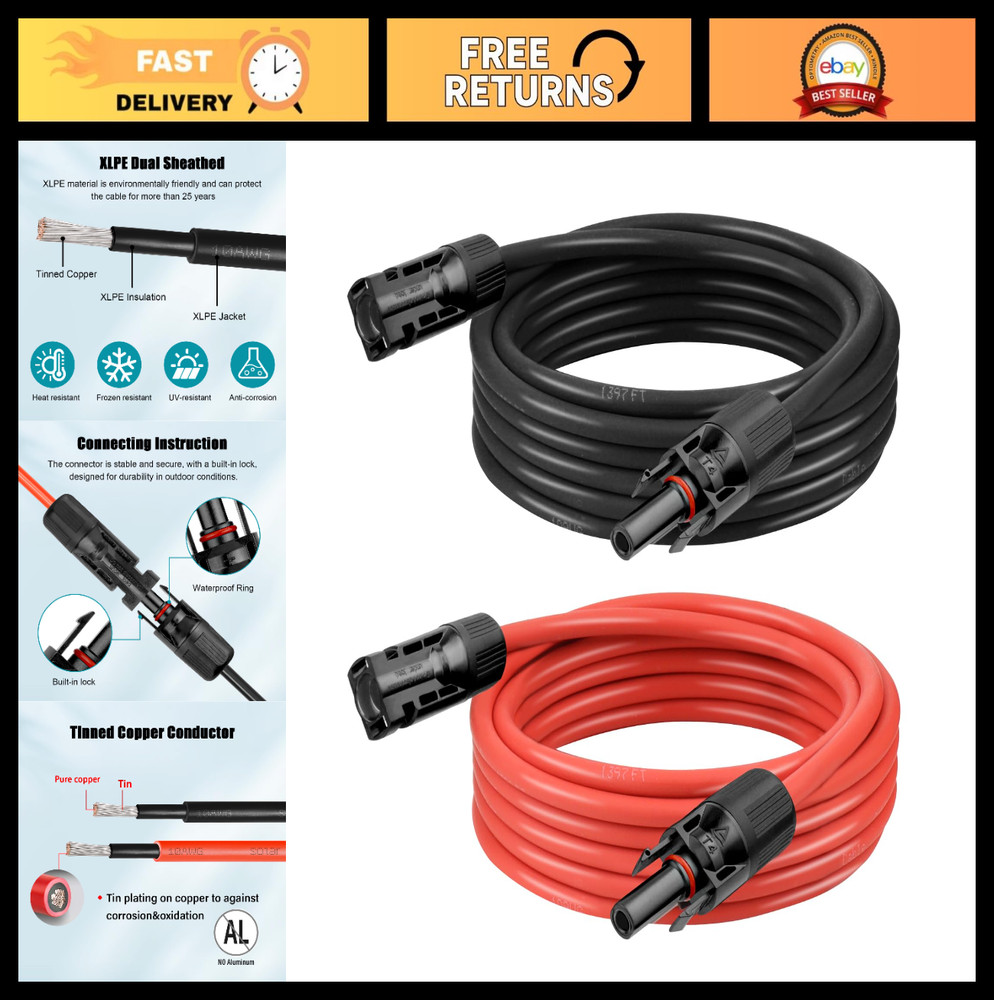 10 AWG Solar Extension Cable 16FT (8FT Black + 8FT Red) Tinned Copper Wire for R