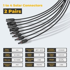 PV Solar Panel Y Connectors 1 Male to 4 Female, 2 Pairs