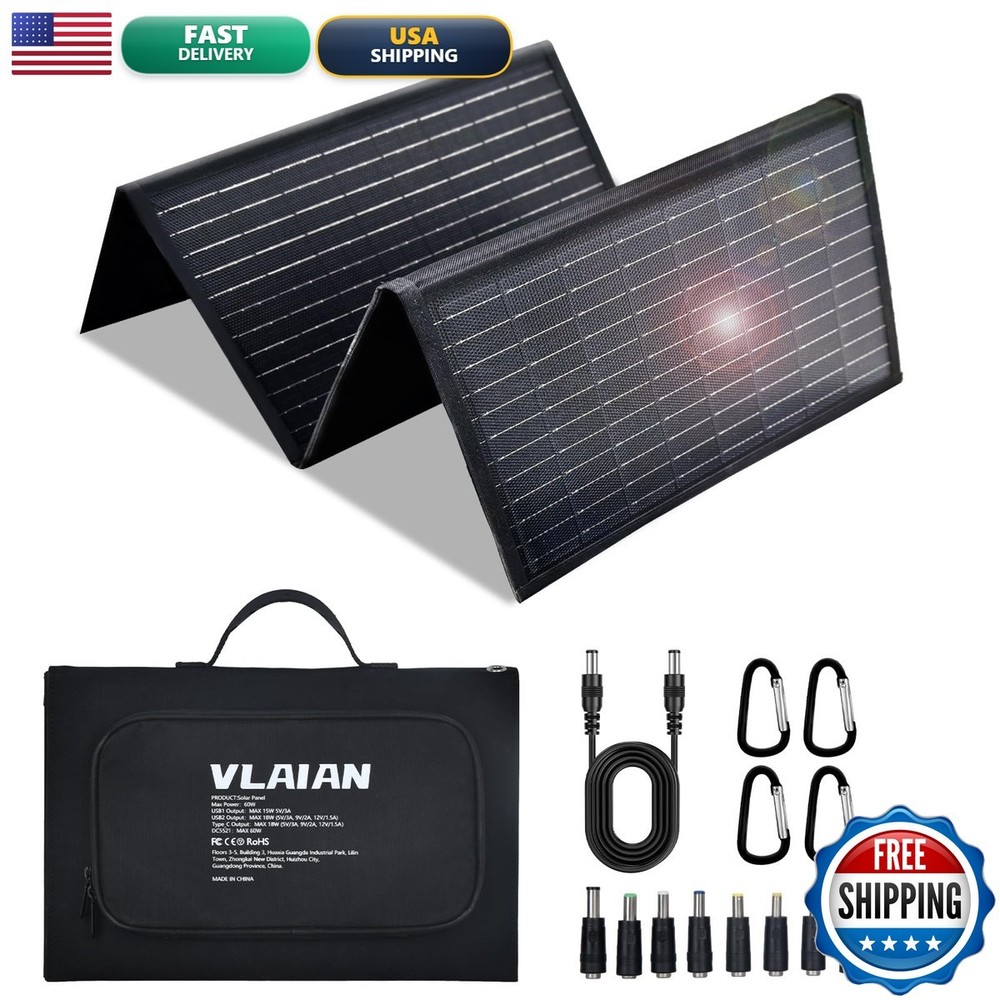 VLAIAN 60W Portable Foldable Solar Panel USB-A USB-C IP67 Waterproof