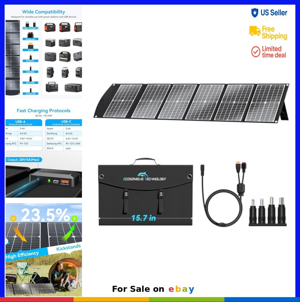 Portable Solar Panel 100W Foldable Monocrystalline USB-C PD3.0 XT60 Anderson