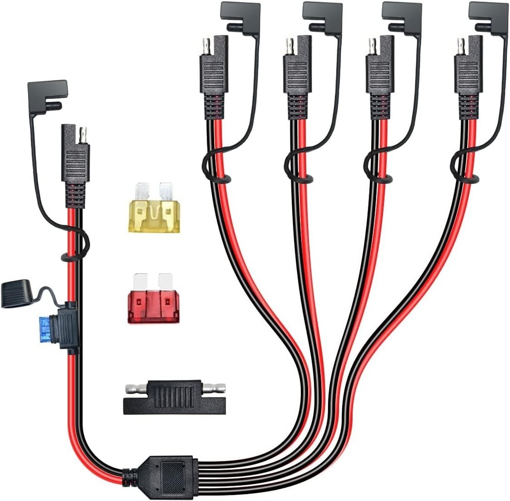 SAE 4 Way Splitter Cable 14AWG Fused Harness with Polarity Adapter for Solar
