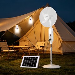 16″ Rechargeable Standing Floor Fan AC Solar Charging Fan w/ Remote &2 LED Bulbs