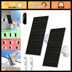7W Solar Panel for 2K Cameras, USB-C Charger, IP66 Waterproof, 360° Mount, 2 Pac