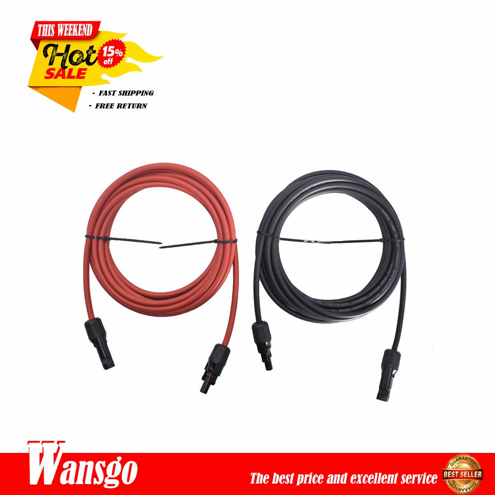 New Solar Panel Extension Cable Wire Connector 1 Pair 15ft Black + Red 10 AWG