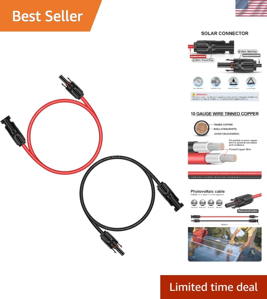 3FT 10AWG Solar Extension Cable – UV Resistant & Weatherproof Connectors