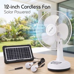 12″ Rechargeable Desk Fan With Solar Panel+2PCS LED Bulbs 2 Speed Camping Travel