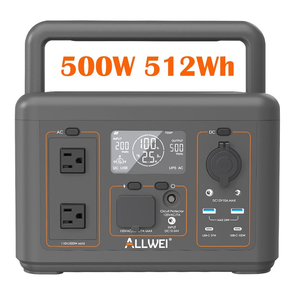 ALLWEI Portable Power Station Solar Generator 500W 512Wh with 100W Solar Panel