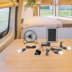 Solar Power Panel Kit Outdoor Camping USB Charging System W/ LED Light & 8″ Fan