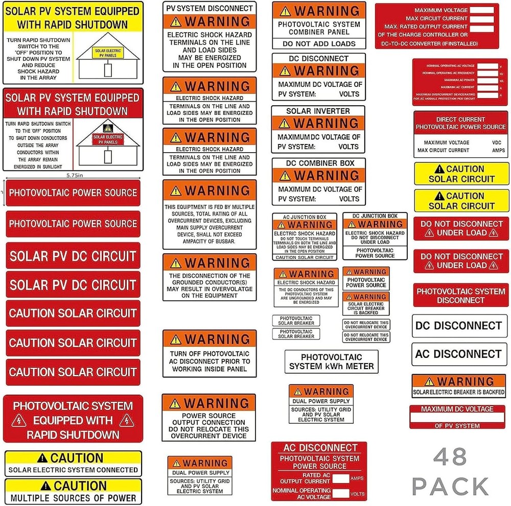 48 Pack PV Solar System Install Label Kit,Photovoltaic Safety Stickers,Nec 2020,