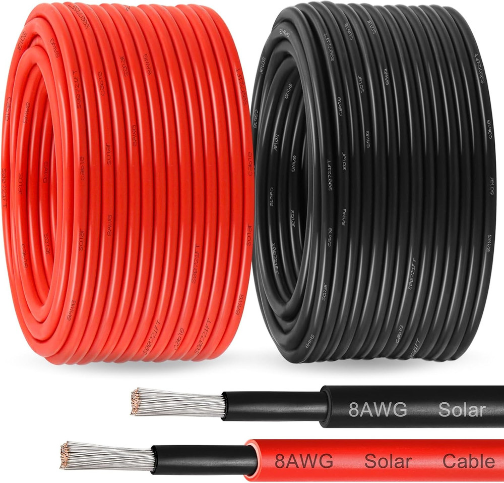 Solar Panel Wire 8 AWG – Solar Extension Cable 100Ft Black & 100Ft Red 8 Gauge T