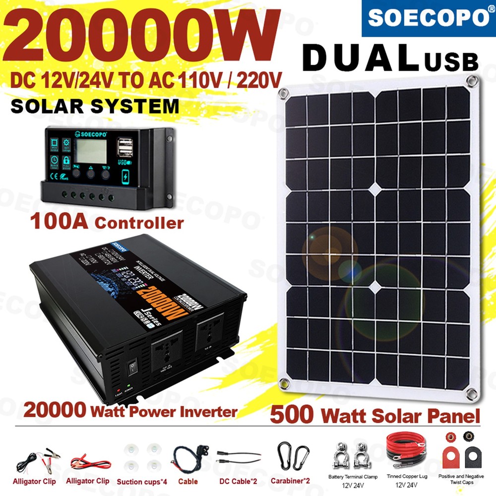 20000W Solar Emergency Power Supply | 500W Panel + 100A Controller + Inverter