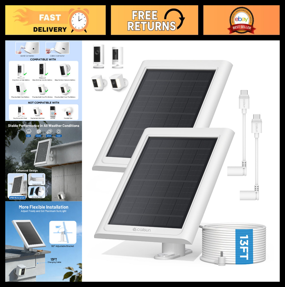 2 Pack Solar Charger for Ring Camera – Waterproof, 13ft Cable, USB-C Adapter
