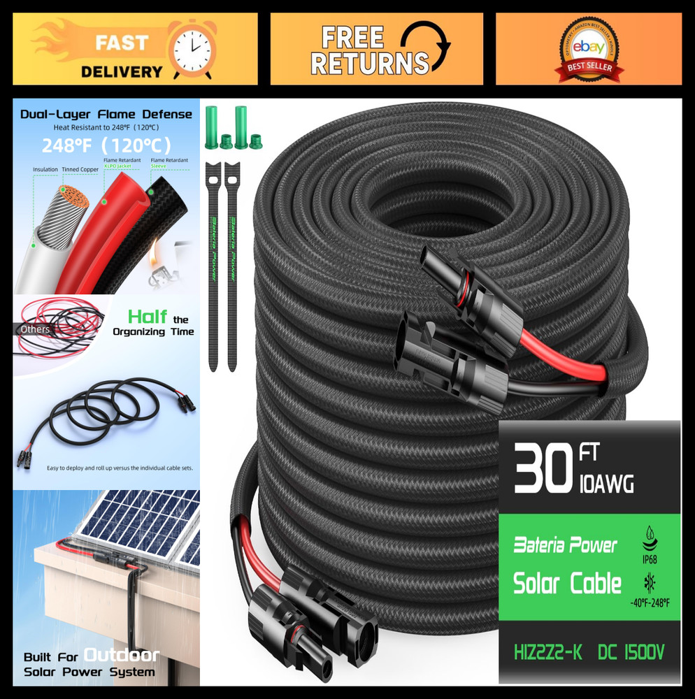 30FT 10AWG Solar Panel Extension Cable, Waterproof Connectors, Dust Caps, RV Use
