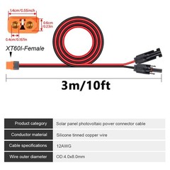 10ft Solar to XT60i Extension Cable 12AWG Wire for Portable Power Solar Panel RV