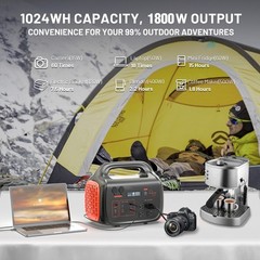 1024Wh 1800W Portable Power Station Kit + 200W Foldable Solar Panel Power Bank