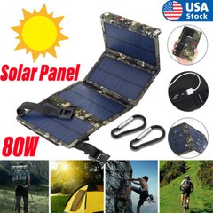 USB 80W Solar Panel Folding Power Bank Outdoor Camping Hiking Phone Charger