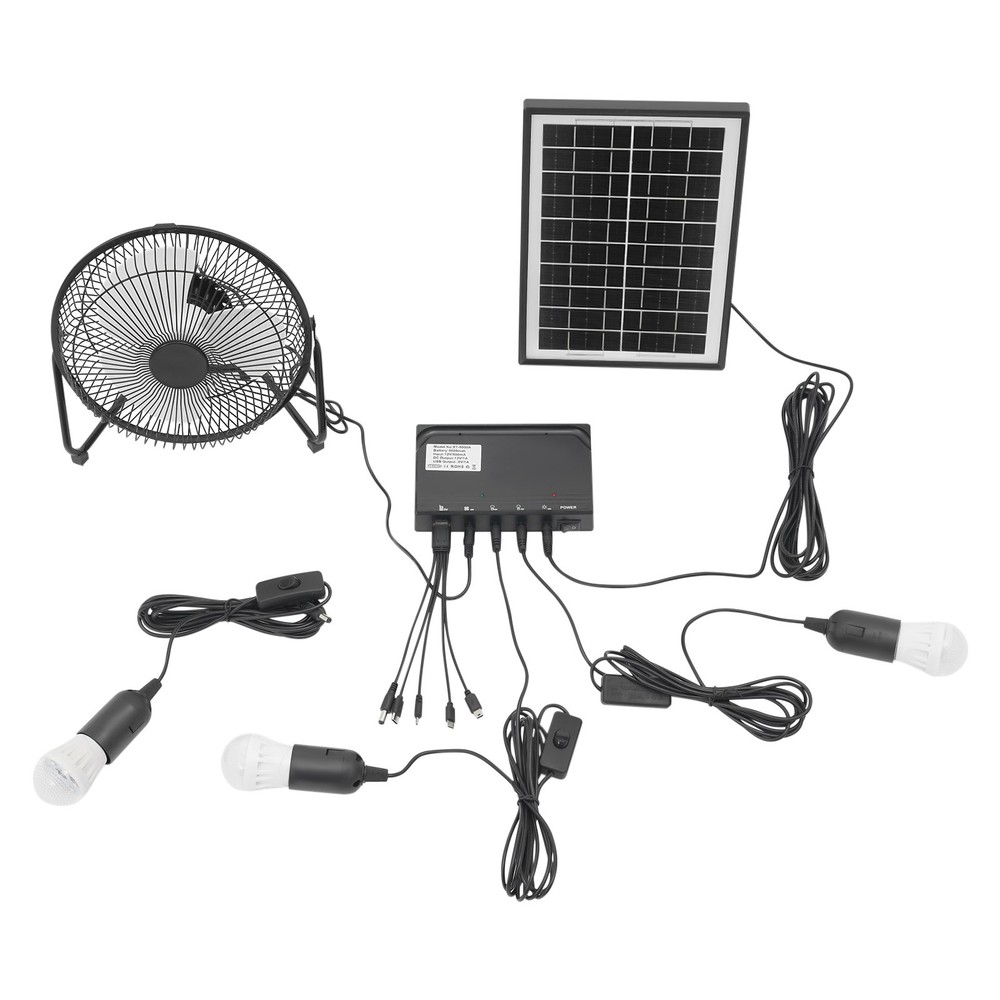 Solar Power Panel Kit Outdoor Camping USB Charging System W/ LED Light & 8″ Fan