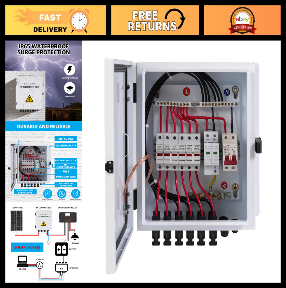 6 String Solar Combiner Box with 20A Fuse, Surge Protection & 63A Breaker
