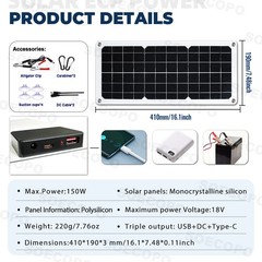 SOECOPO 150W Monocrystalline Solar Panel Kit with 30A/60A/100A LCD Controller fo