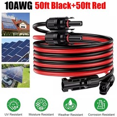 50ft Black + Red 10AWG Solar Panel Extension Cable Flexible Wire Connectors 6mm²