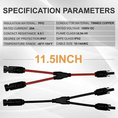 Solar Connectors Y Branch Parallel Adapter 10AWG Cable for Solar Panel (Red & Bl