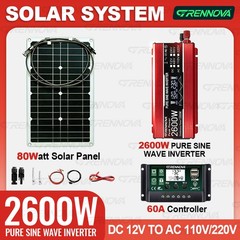 2600W Real Power Off-Grid Solar System Kit 80W Panel Inverter 60A Controller