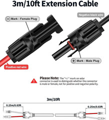 10Ft 10AWG Solar Panel Extension Cable 6Mm² One-Piece Solar Cable with Male and
