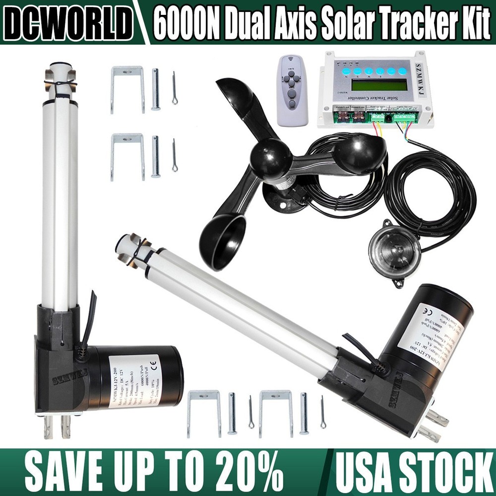 LCD Dual Axis Solar Track Tracker Kit W/ 6000N 8″ DC Linear Actuators Anemometer