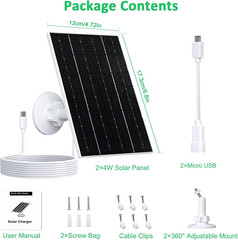 4W Solar Panel for Security Camera, Type-C/Micro USB Solar Charger for Rechargea