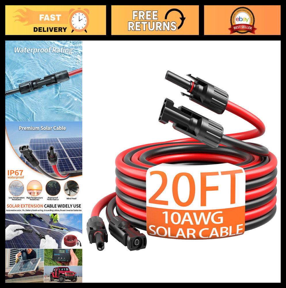 20ft 10AWG Solar Extension Cable with Connectors – Heavy Duty Power Wire