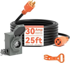 A A IN 30 Amp Generator Cord 25FT and Power Inlet Box, Pre-Drilled 30 Amp Genera