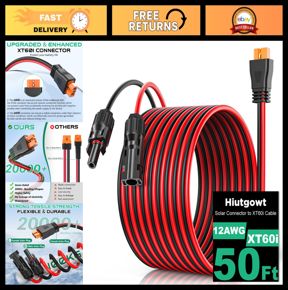 50FT 12AWG XT60i Solar Charging Cable, XT60i to Solar Connector Extension, 3-40F