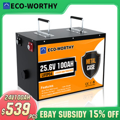 ECO-WORTHY 24V 100Ah LiFePO4 Lithium Battery Metal Case BMS 3000+Deep Cycles
